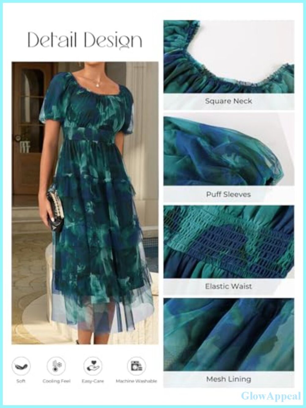 Floral Puff Sleeve Smocked Midi Dress Square Neck Mesh Flowy Wedding Guest - Picture 4 of 6